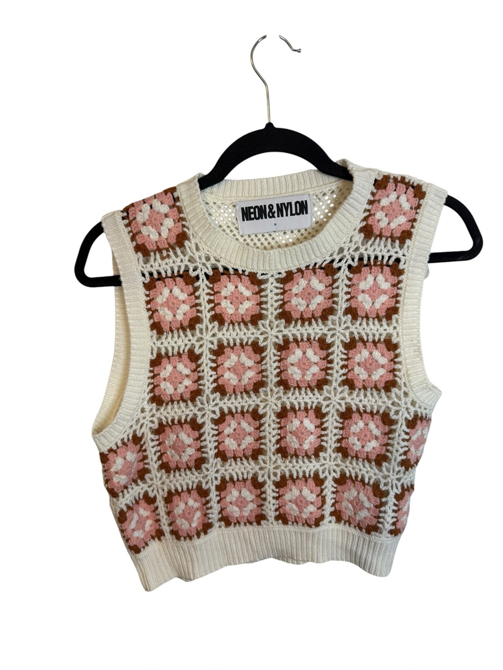 Neon & Nylon Granny Square Crochet Boho Hippie Sleeveless Sweater